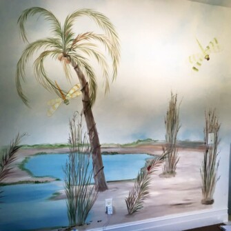 palm trees and dragonflys